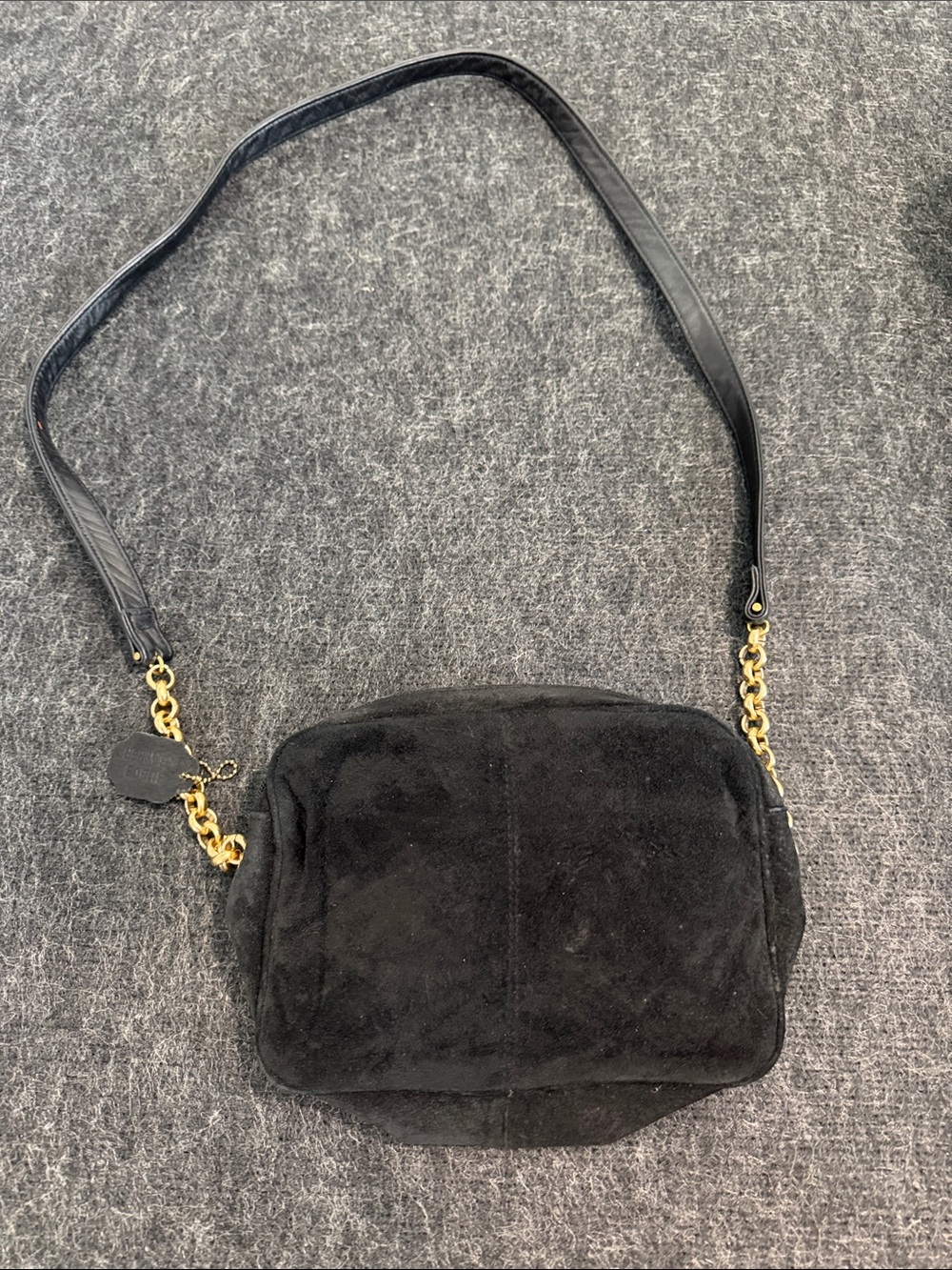 Black Quilted Suede/Leather Shoulder Bag with Gold Chain Accent - Picture 4 of 11